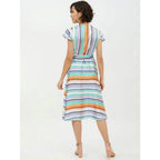 Women's Satin Striped Short Sleeve Knee-Length Dress (Multicolor)