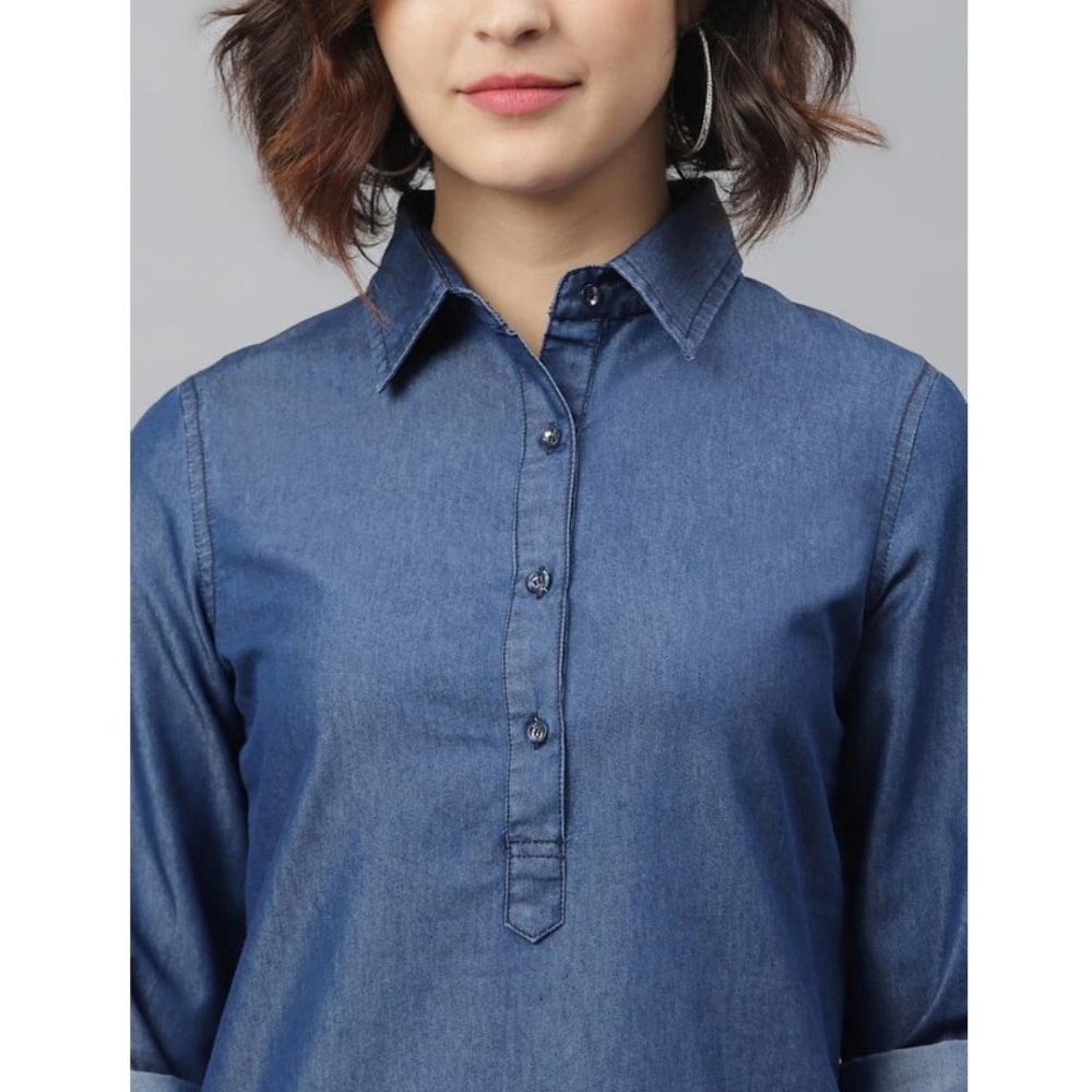 Women's Denim Solid Long Sleeves Above Knee Dress (Navy Blue)