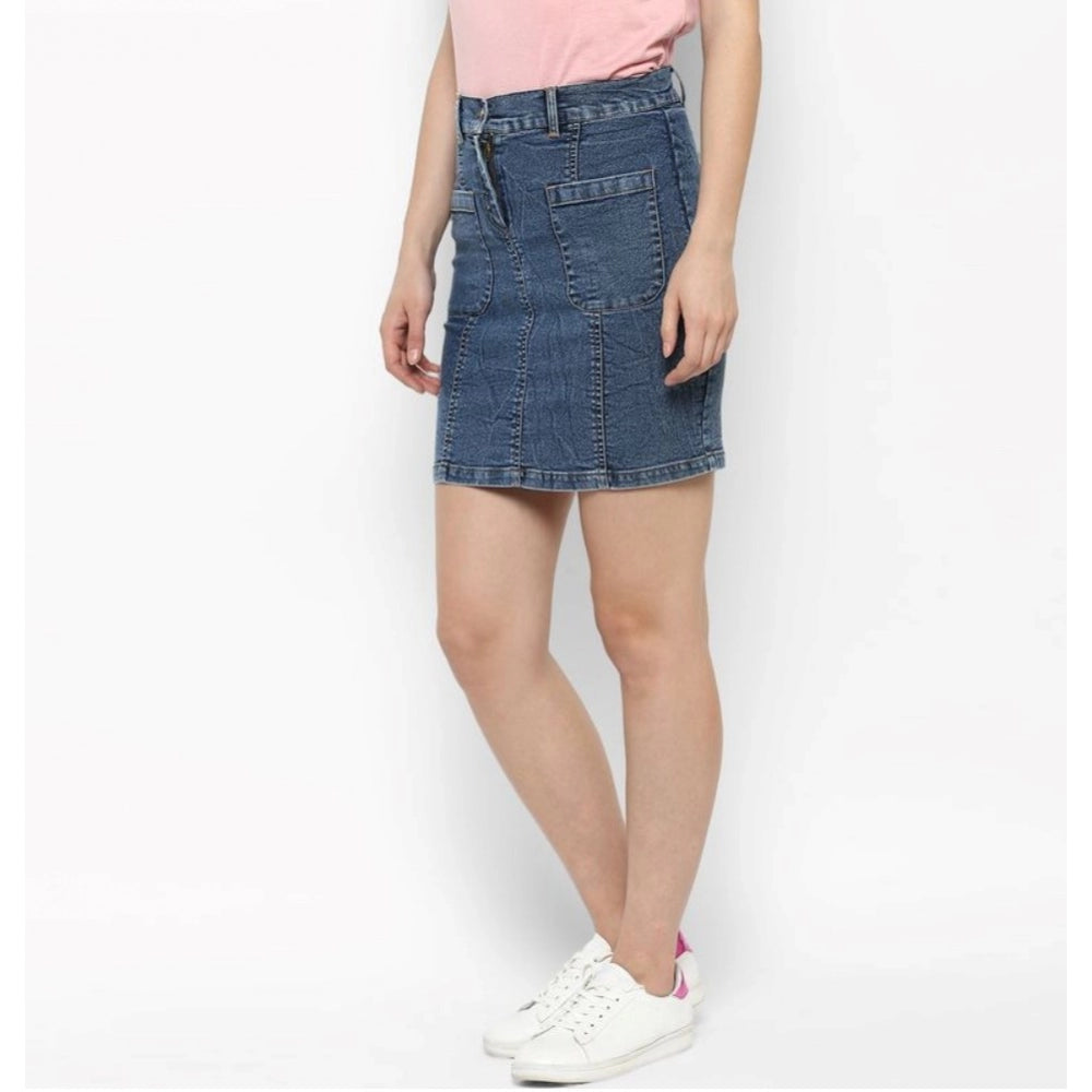 Women's Denim Front Pocket Buttoned Skirt (Blue)