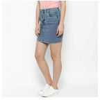 Women's Denim Draw String Buttoned Skirt (Blue)
