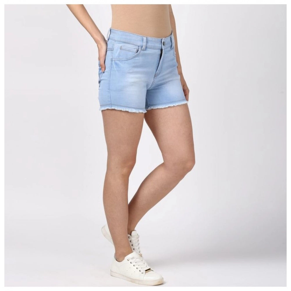 Women's Denim Solid Buttoned Shorts (Blue)