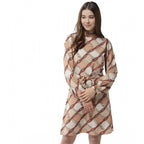 Women's Polyester Checkered Long Sleeves Above Knee Dress (Off White - Brown)