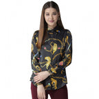 Women's Satin Printed Long Sleeves Standard Length Shirt (Black - Gold)