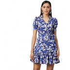 Women's Polyester Floral Short Sleeve Above Knee Dress (Blue - Purple)