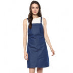 Women's Denim Solid Shoulder Straps Above Knee Dress (Blue)