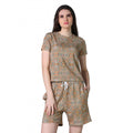 Women's Cotton Blended Printed Round Neck Half Sleeve Top - Shorts Set (Beige)
