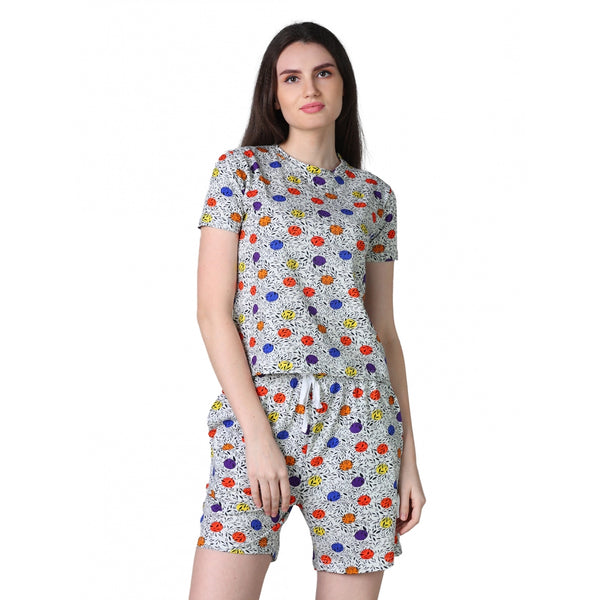 Women's Cotton Blended Printed Round Neck Half Sleeve Top - Shorts Set (Grey)