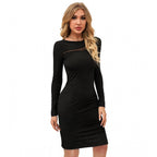 Women's Knitting stretchable Solid Round Neck Full Sleeve Dress (Black)