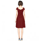 Women's Polyester Solid V Neck Cap Sleeve off Shoulder Dress (Maroon)