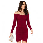 Women's Knitting stretchable Solid V Neck Full Sleeve Dress (Maroon)
