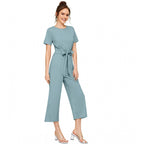 Women's Knitting stretchable Solid Round Neck Cap Sleeve Jumpsuit (Pista )