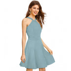 Women's Knitting stretchable Solid Halter Neck Sleeveless Dress (Pista )