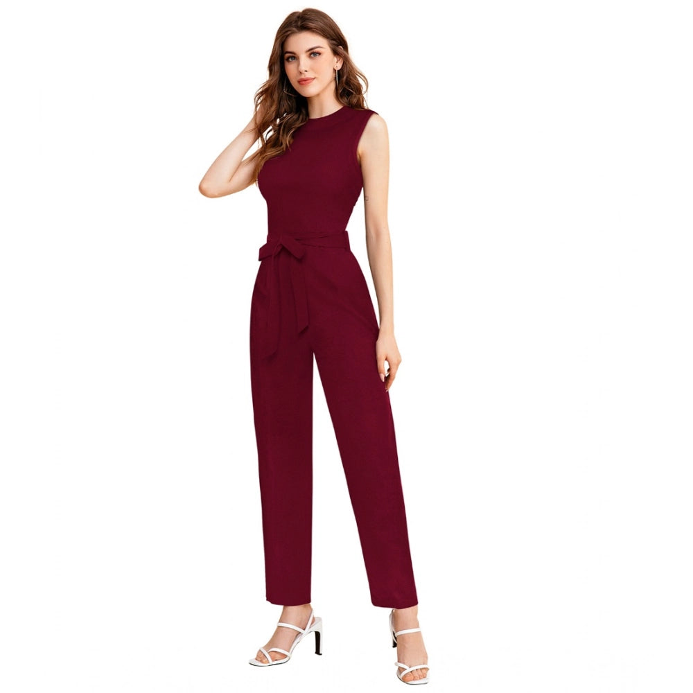Women's Knitting stretchable Solid Round Neck Sleeveless Jumpsuit (Maroon)