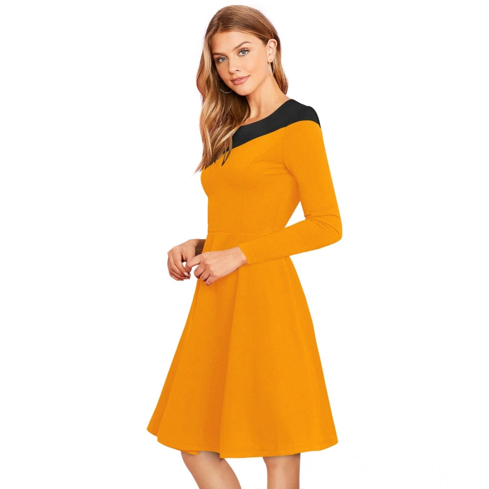 Women's Knitting stretchable Solid Round Neck Full Sleeve Dress (Yellow)