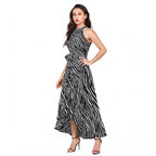Women's Polyester Zebra Pattern Halter Neck Sleeveless Dress (Navy Blue)