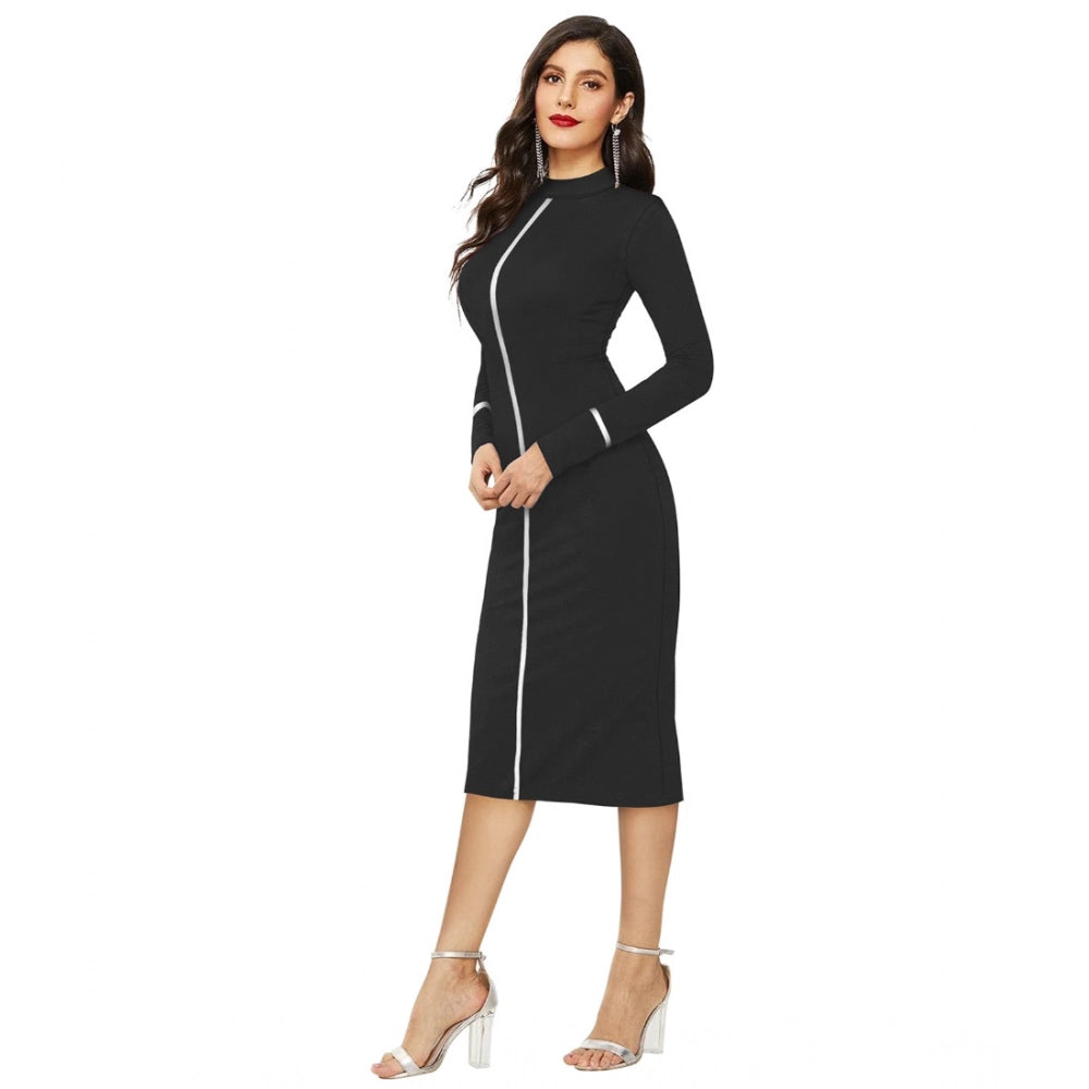 Women's Knitting stretchable Solid Round Neck Full Sleeve Dress (Black)