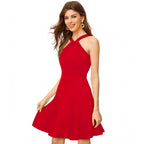 Women's Knitting stretchable Solid Halter Neck Sleeveless Dress (Red )