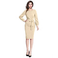 Women's Knitting stretchable Solid Round Neck Full Sleeve Dress (Beige )