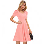 Women's Knitting stretchable Solid V Neck Cap Sleeve Dress (Peach)