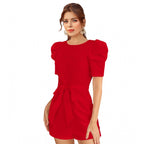 Women's Knitting stretchable Solid Round Neck 3-4 Puff Sleeve Dress (Red )