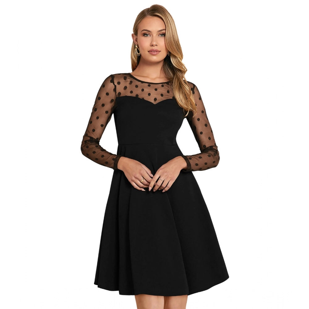 Women's Knitting stretchable Solid Round Neck Full Sleeve Dress (Black)