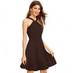 Women's Knitting stretchable Solid Halter Neck Sleeveless Dress (Coffee)