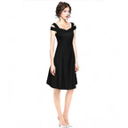 Women's Polyester Solid V Neck Cap Sleeve off Shoulder Dress (Black)