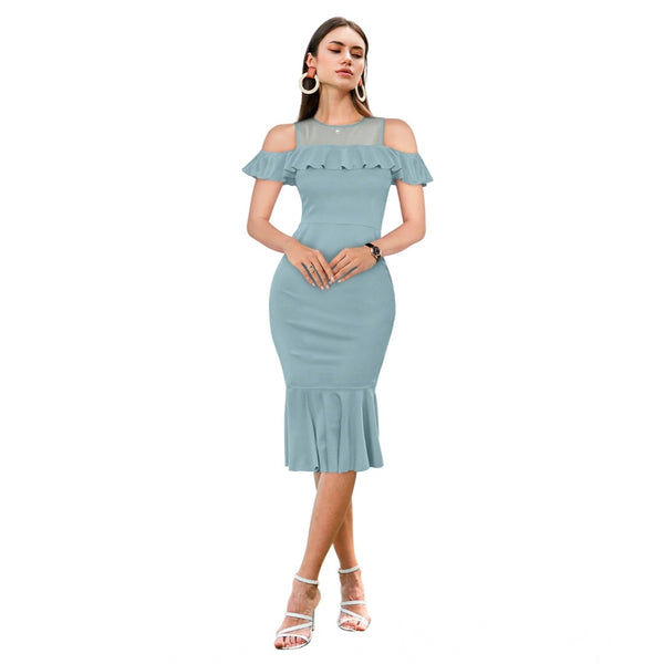Women's Knitting stretchable Solid Round Neck Sleeveless Dress (Pista )