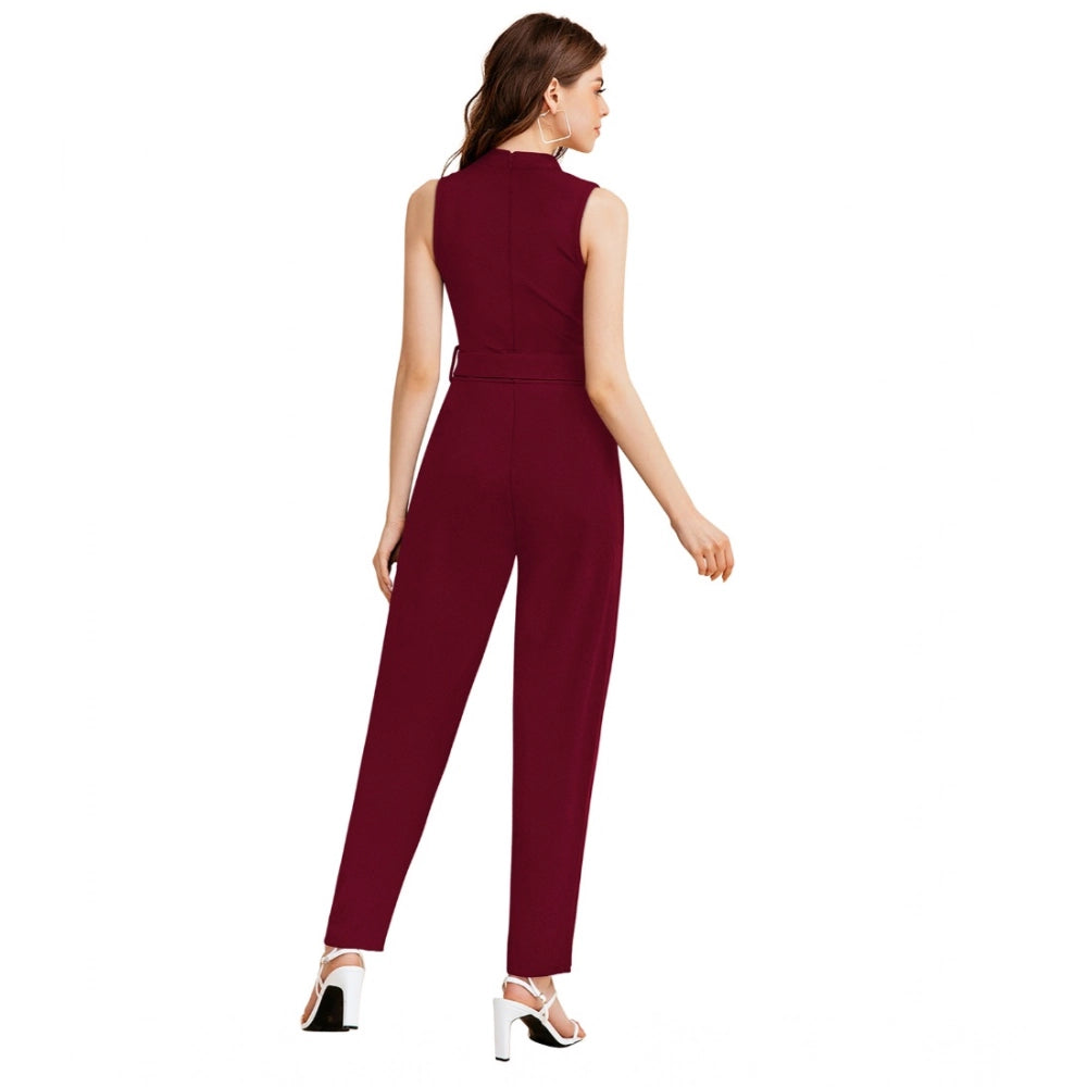 Women's Knitting stretchable Solid Round Neck Sleeveless Jumpsuit (Maroon)