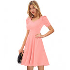 Women's Knitting stretchable Solid V Neck Cap Sleeve Dress (Peach)