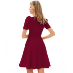 Women's Knitting stretchable Solid V Neck Cap Sleeve Dress (Maroon)