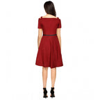 Women's Polyester Solid V Neck Cap Sleeve Dress (Maroon)