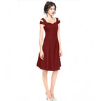 Women's Polyester Solid V Neck Cap Sleeve off Shoulder Dress (Maroon)