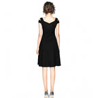 Women's Polyester Solid V Neck Cap Sleeve off Shoulder Dress (Black)