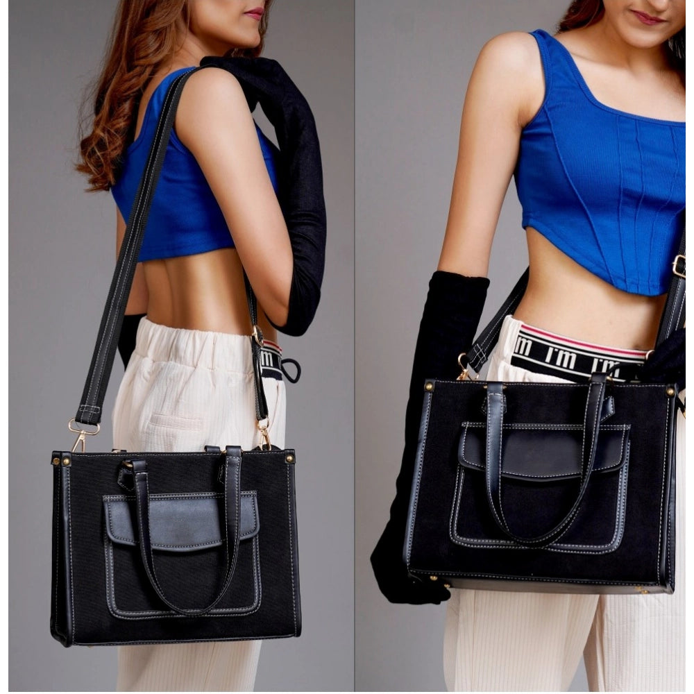 Women's Canvas Medium Top handle Satchel Zipper Handbag (Black)