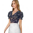 Women's Knitting Printed V-Neck Puff Sleeve Tops (Navy Blue)