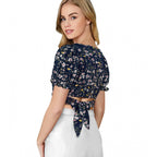 Women's Knitting Printed V-Neck Puff Sleeve Tops (Navy Blue)