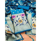 Women's Banarasi Silk Printed Unstitched Salwar Suit Material With Dupatta (Blue, 3Mtrs)