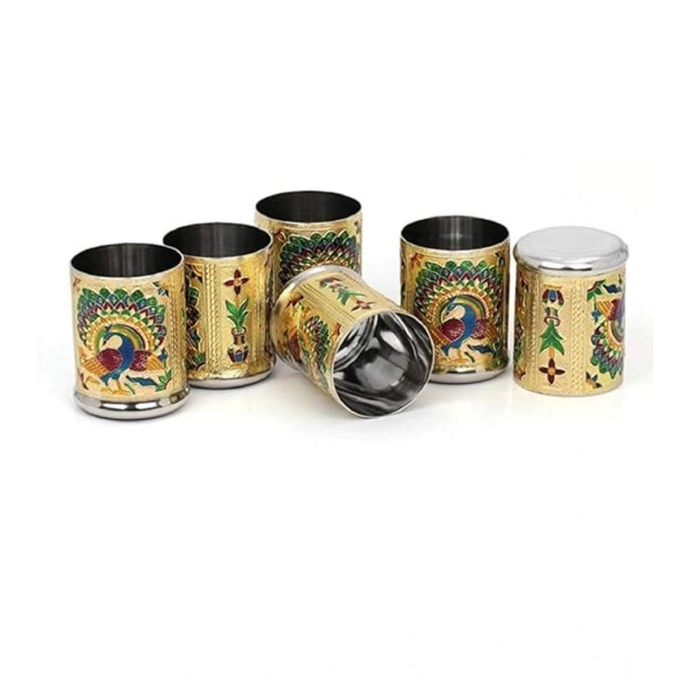 Steel Meenakari Peacock Design Decorative Glass Set (Gold)