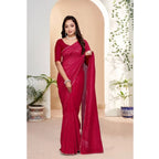 Women's Vichitra Silk Striped Saree With Unstitched Blouse 5.5Mtr (Pink)