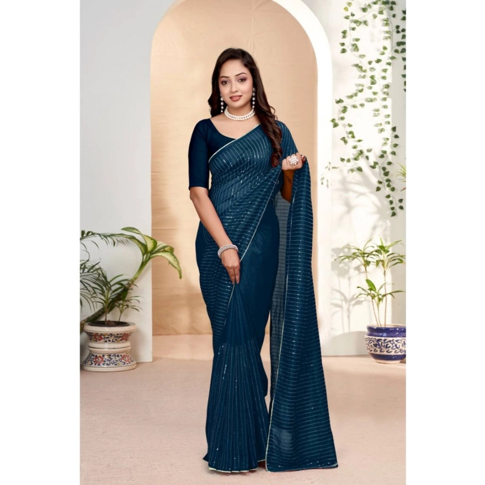 Women's Vichitra Silk Striped Saree With Unstitched Blouse 5.5Mtr (Blue)