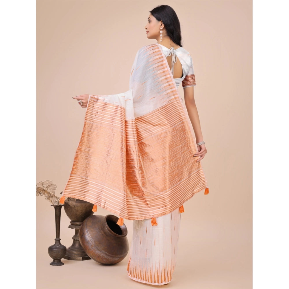 Women's Linen Cotton Printed Saree With Unstitched Blouse 5.5Mtr (White)