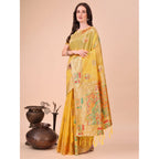 Women's Linen Cotton Printed Saree With Unstitched Blouse 5.5Mtr (Yellow)