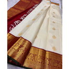 Women's Silk Printed Saree With Unstitched Blouse 5.5Mtr (Off White-Red)