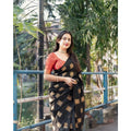 Women's Silk Printed Saree With Unstitched Blouse 5.5Mtr (Blacl-Orange)