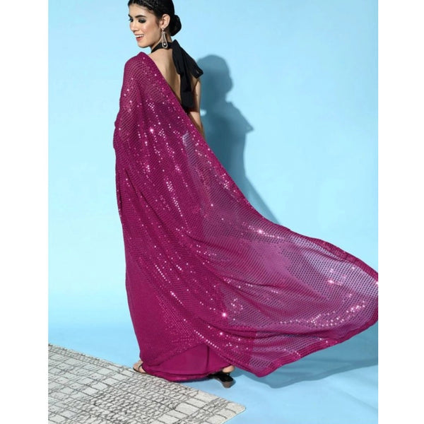 Women's Georgette Embellished Sequnece Bollywood Saree With Unstitched Blouse 5.5Mtr (Wine)