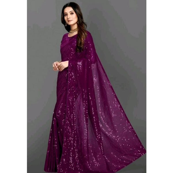 Women's Georgette Embellished Sequnece Bollywood Saree With Unstitched Blouse 5.5Mtr (Purple)