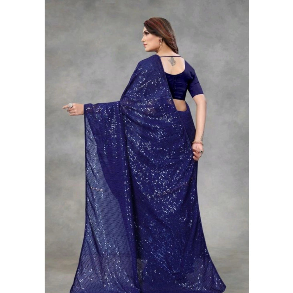 Women's Georgette Embellished Sequnece Bollywood Saree With Unstitched Blouse 5.5Mtr (Blue)