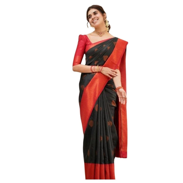 Women's Silk Printed Saree With Unstitched Blouse 5.5Mtr (Black)
