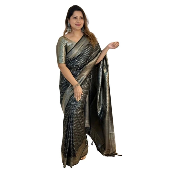 Women's Silk Printed Saree With Unstitched Blouse 5.5Mtr (Black)